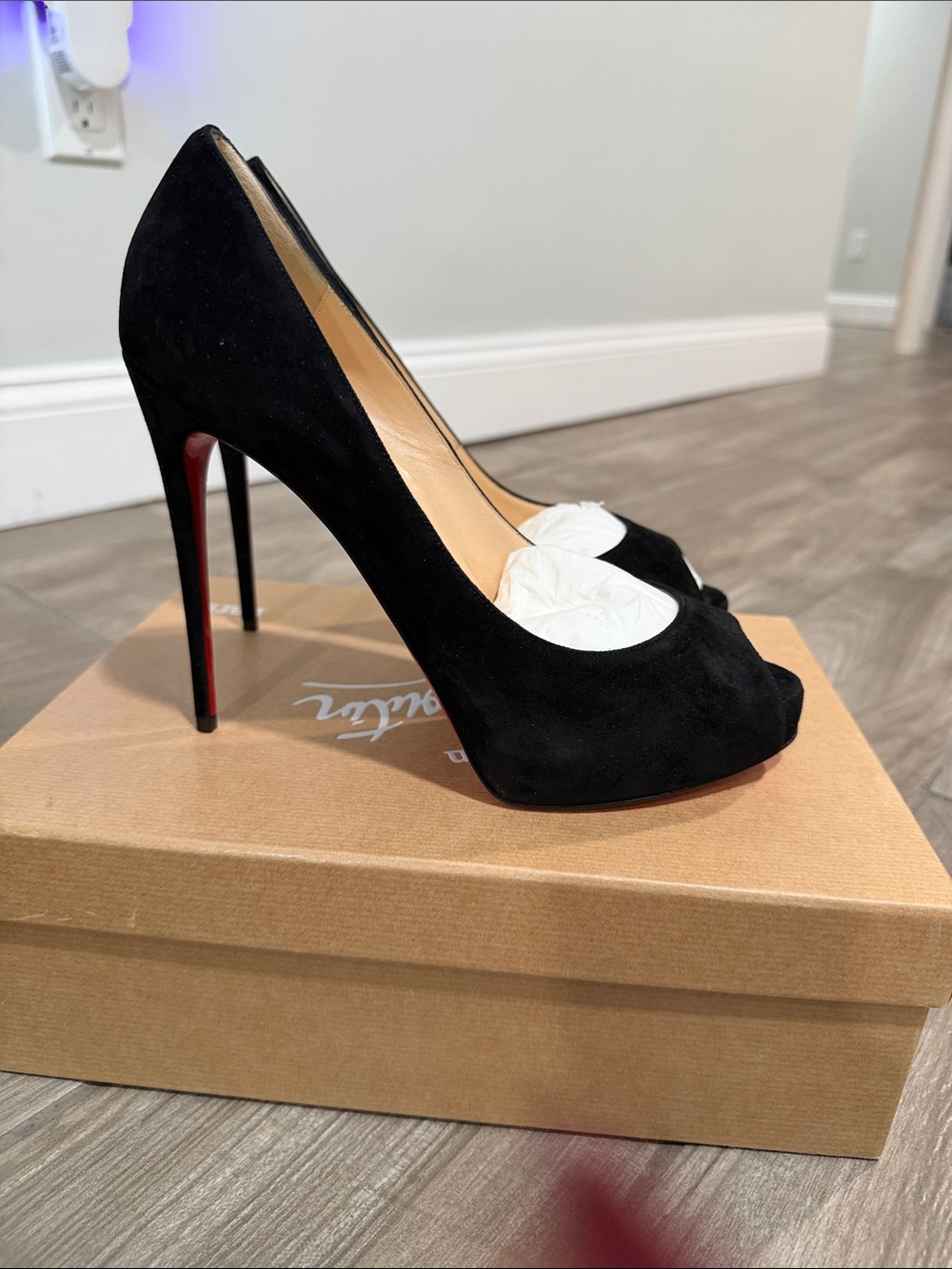 Brand new Jimmy Choo Black Suede Peep-Toe Stiletto Pumps